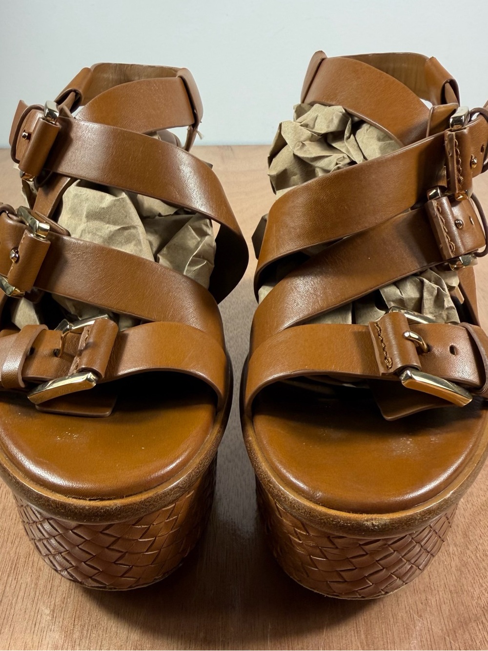 Michael Kors Collection Varick Brown Leather Platform Wedge Sandals Sz 37 Italy - Picture 16 of 16